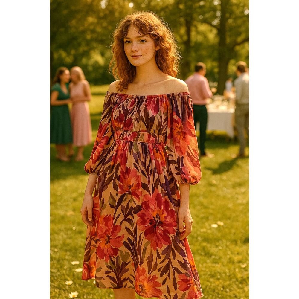 Floral Print Off the Shoulder MIDI Dress Sz L High waist Babydoll Style Coquette